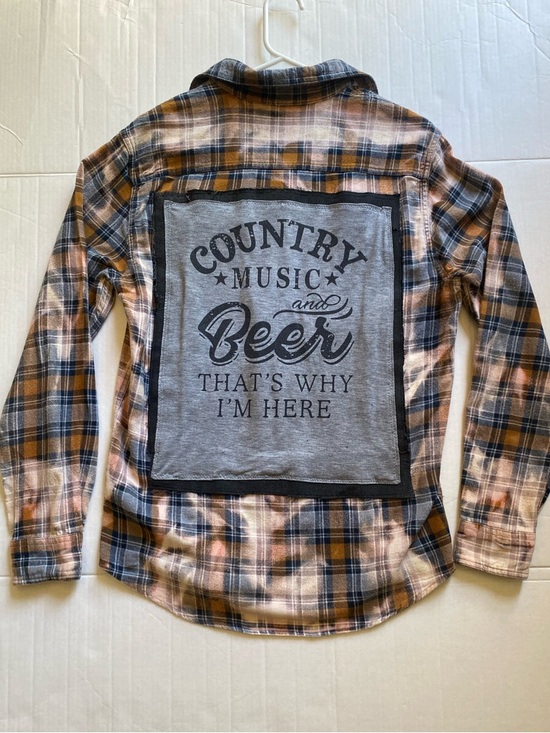 Sonoma Other - Upcycled Bleach Plaid Button-Down Shirt with Graphic Back Patch - Mustard & Navy